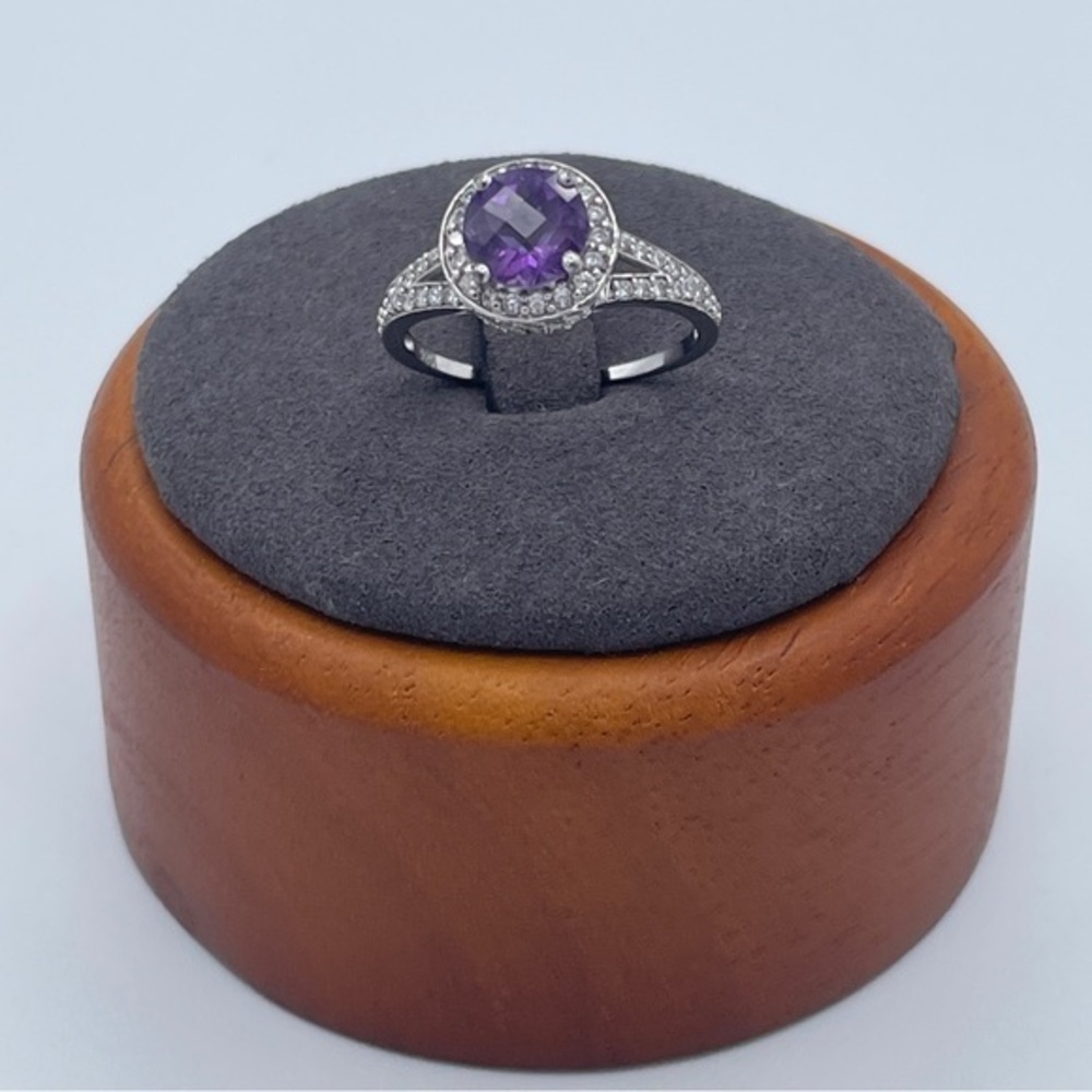 925 Sterling Silver Amethyst Halo Ring Size 7 CZ February Gemstone Like New